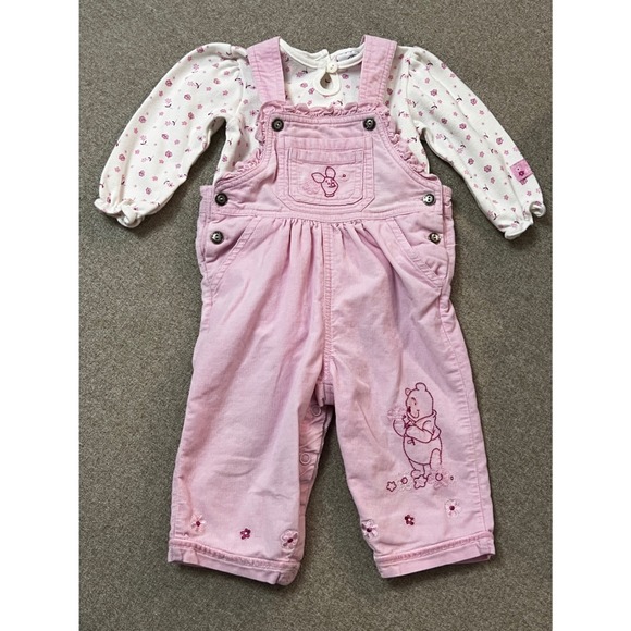 Disney Other - Disney Vtg Winnie the Pooh Pink Corduroy Overalls Floral Bodysuit 12M Y2K 90s